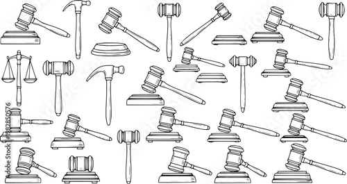 Hand-Drawn Gavel and Scales of Justice Pattern - Legal Theme Illustration