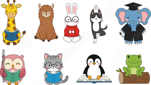 Set of Cute Cartoon Animal Illustrations Featuring Giraffe, Owl, Elephant, and More, Reading Books for Kids' Educational and Learning Designs
