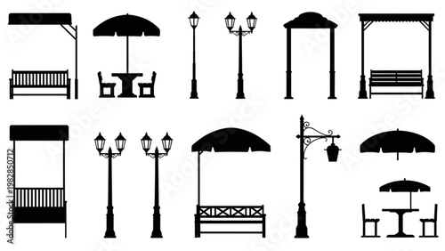 Vector 2D CAD designs of outdoor furniture and street lamps in urban settings