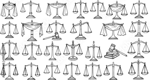 Hand-Drawn Scales of Justice, Gavel, and Law Symbols Seamless Pattern