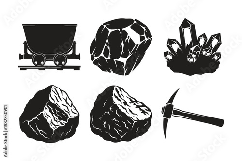 Silhouette set bundle of mining objects and raw materials.