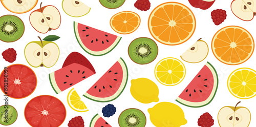Colorful assorted fresh fruit slices and whole fruits on white background