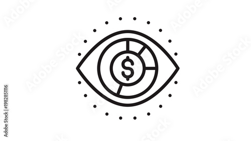 Minimalist black vector icon of an eye containing a pie chart and dollar sign symbol, representing financial monitoring, market analysis, investment vision, business intelligence, and budget.