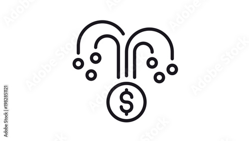 Black minimalist vector icon illustration of a dollar coin fountain symbolizing wealth distribution, financial growth, cash flow, profit, investment return, and passive income on a white background.