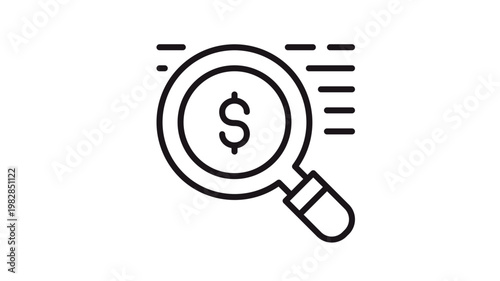 Minimalist black line vector icon illustration of a magnifying glass with a dollar sign, representing financial search, money audit, investment analysis, business research, and economic tracking.