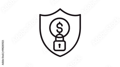 Financial security vector icon illustration featuring a shield with a dollar sign coin and a padlock, representing money protection, secure banking, and safe online payment transactions.