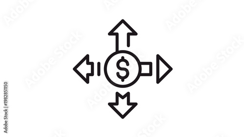 Black line vector icon illustration of a dollar sign coin with four arrows pointing outwards in all directions, representing global finance, money distribution, currency exchange, and growth.