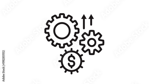 Interlocking gears with dollar sign and upward arrows vector icon, representing financial growth, business efficiency, industrial productivity, economic engine, and profit optimization symbol.
