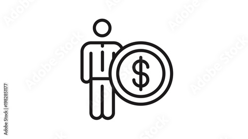 Tableau sur toile Black line vector icon illustration of a businessman standing next to a large dollar coin, representing concepts like salary, investment, financial advisor, human resources, and wealth management