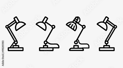 Four black and white line drawings of adjustable desk lamps, on a white background, in various poses