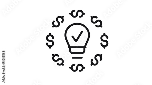 Black vector icon illustration of a light bulb with a checkmark symbol inside, encircled by dollar signs. Concept for a profitable business idea, financial success, and smart investment.