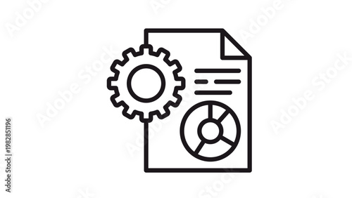 Billede på lærred Business report and data processing vector icon illustration, featuring a document with a gear and a pie chart for analytics, management, and automated reporting systems