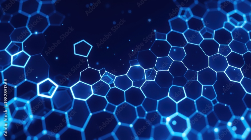 Fototapeta premium Hexagonal patterns dominate image. Bright blue lines connect shapes, creating futuristic network effect. Dark background enhances glow.