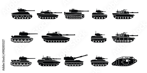 Military tank silhouettes collection, 14 armored vehicle icons, black war machine vector set, historical and modern battle tank graphics for gaming