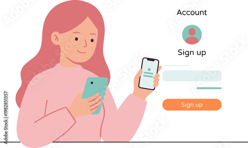 Woman holding phone and tablet with sign up interface on screen