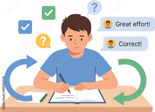 A boy studies diligently at a desk with speech bubbles above.