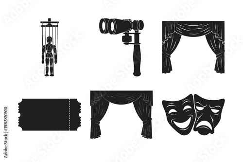 Theater play silhouette bundle set with performing arts entertainment.