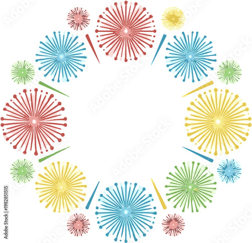 Vibrant multicolored firework bursts arranged in a circular wreath pattern isolated on a crisp clean white background for design