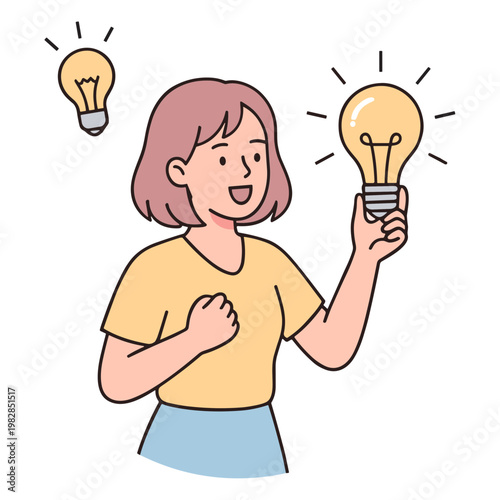 A cartoon woman excitedly holds up a glowing light bulb with another nearby.