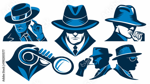 Stylized illustrations of a man in a hat in various poses with a magnifying glass. Silhouettes in blue hues