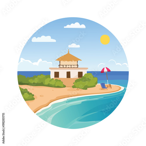 Coastal scene island beachfront with tropical house sea and sky view