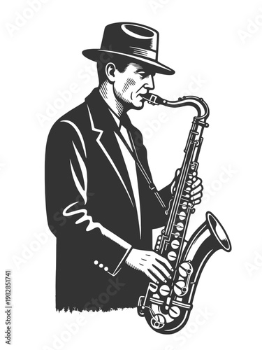 jazz musician playing saxophone, featuring expressive shading and a classic vintage engraving style sketch engraving generative ai vector illustration. Scratch board imitation. Black and white image.