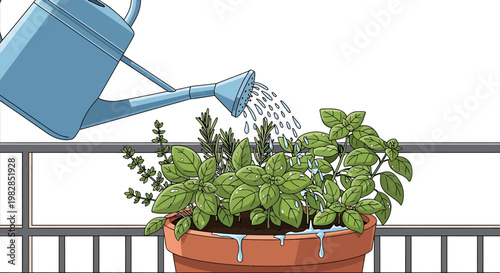 Illustration of a watering can gently watering a potted herb garden on a balcony, promoting healthy plant growth and garden care