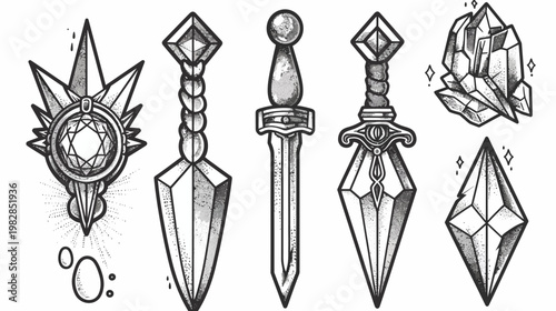 Collection of tattoo-style drawings featuring various daggers, crystals, and a detailed pendant