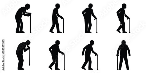 Elderly man silhouette set with walking cane, senior male figures in various poses, 8 vector icons of aging grandfather with walking stick