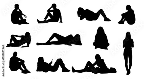 Silhouettes of people relaxing in various sitting and lying positions isolated on transparent background, Vector