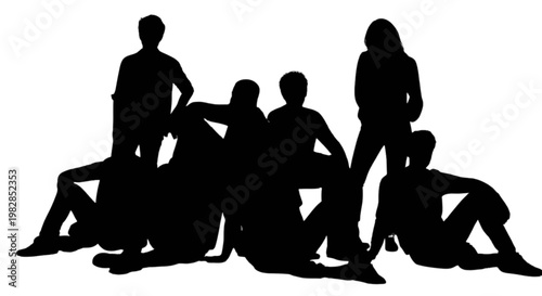 Group of silhouetted people sitting together on a ledge isolated on transparent background, Vector