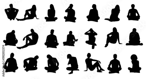 Diverse silhouettes of people engaging in various yoga poses on a plain background isolated on transparent background, Vector
