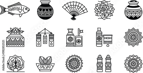 Traditional Indian cultural icons set, 15 black and white ethnic line art symbols, decorative mandala and folk art elements for Diwali or wedding design