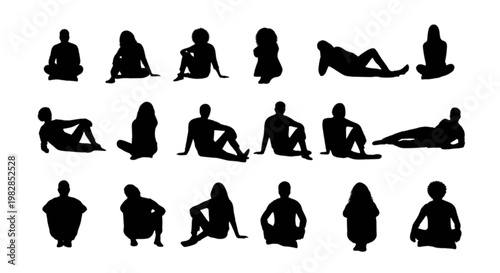 Various silhouettes of people in different relaxed sitting and reclining poses isolated on transparent background, Vector