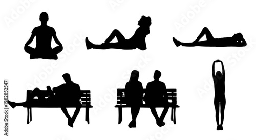 Silhouettes of people practicing yoga and relaxing outdoors isolated on transparent background, Vector