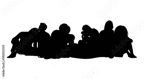 Group of silhouetted people sitting closely together in a relaxed pose isolated on transparent background, Vector