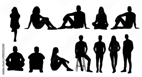Group of diverse silhouettes sitting and standing in various relaxed poses isolated on transparent background, Vector