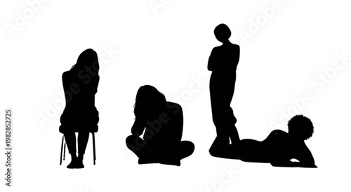 Four silhouettes in varied postures against plain background isolated on transparent background, Vector
