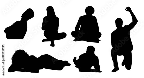 Silhouettes of people in various relaxed and active poses isolated on transparent background, Vector