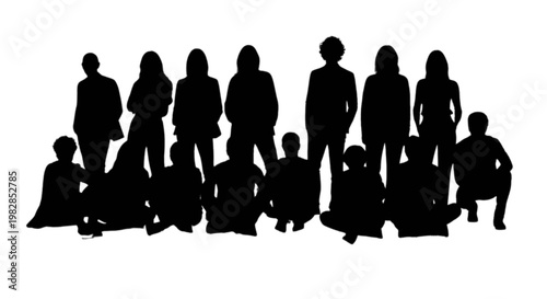 Silhouettes of diverse people standing closely together in a group isolated on transparent background, Vector