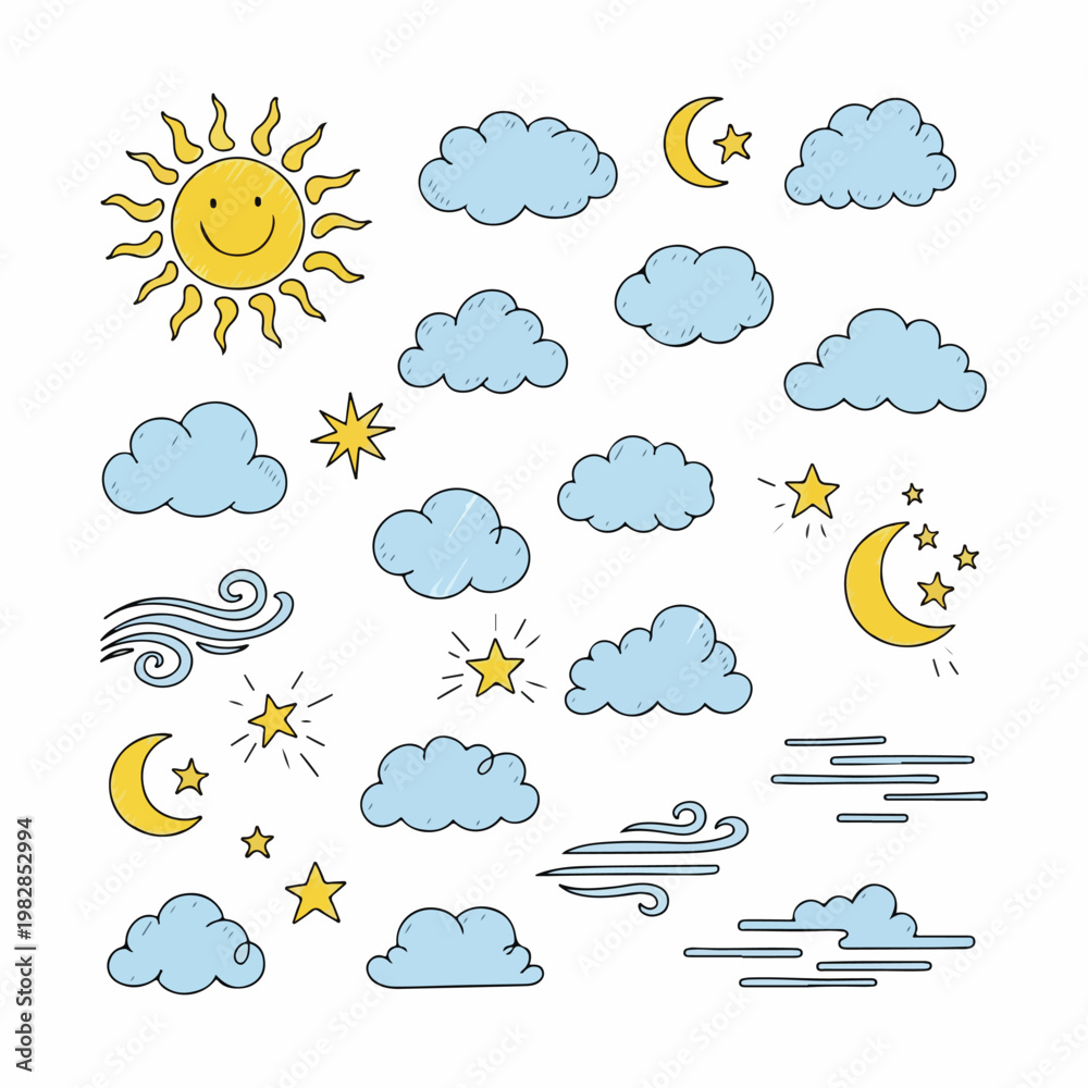 Obraz premium Collection of weather icons featuring sun, clouds, moon, stars, and rain elements.