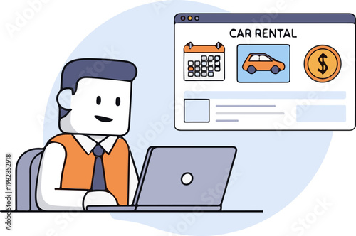 A cartoon professional man uses a laptop computer to book a vehicle on an online rental website interface