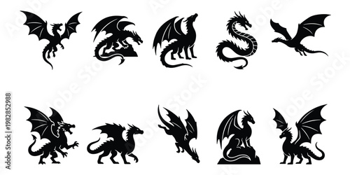 Black dragon silhouette collection, set of 10 mythical creature icons, fantasy flying monster vector illustrations for gaming and logo design