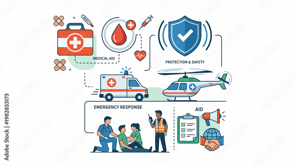 Fototapeta premium Illustration of medical and emergency response symbols for World Red Cross Day, featuring icons for humanitarian aid, healthcare, and crisis support.