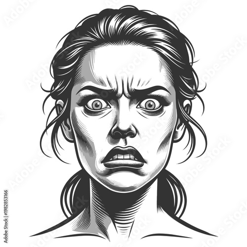 woman with an intense disgusted expression, wide eyes and tense features conveying shock, fear, or repulsion sketch engraving generative ai vector illustration. Scratch board. Black and white image.