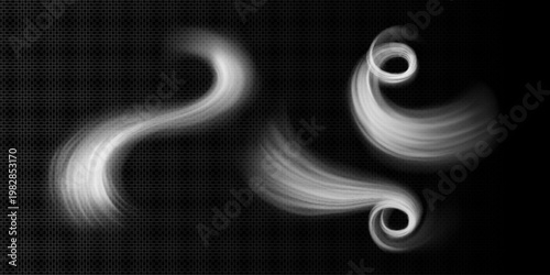 Dynamic wind effect with flowing white air streams and swirling motion, realistic vector set isolated on transparent. Natural breeze or smoke vortex spin, spiral whirlwind trails