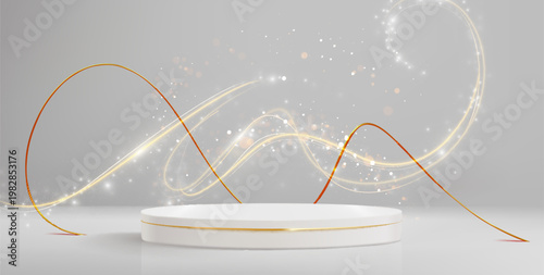 White podium with flowing golden wavy lines, realistic vector background. Elegant 3D stage platform for luxury product display, awards, cosmetic presentation with golden shine, curved abstract element