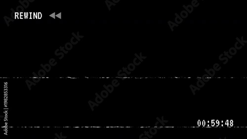 Old Damaged VHS Tape Rewind Glitch Screen Overlay with Alpha Channel, Retro VCR Interface, Static Noise, and Distortion