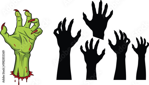 Zombie Hand and Silhouette Set Featuring Creepy Undead Claws, Horror Monster Hands, and Scary Halloween Elements with Detailed and Shadow Styles in Vector Design.