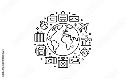 A simple line drawing of travel icons surrounding a globe on a white background